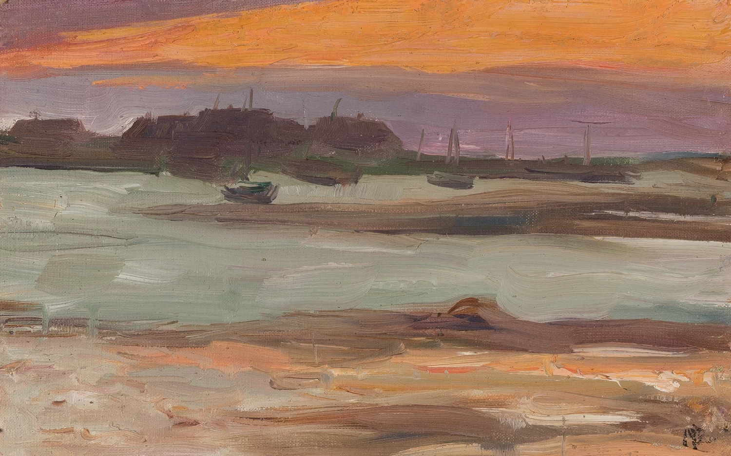 Paesaggio fluviale con case e barche, 1902